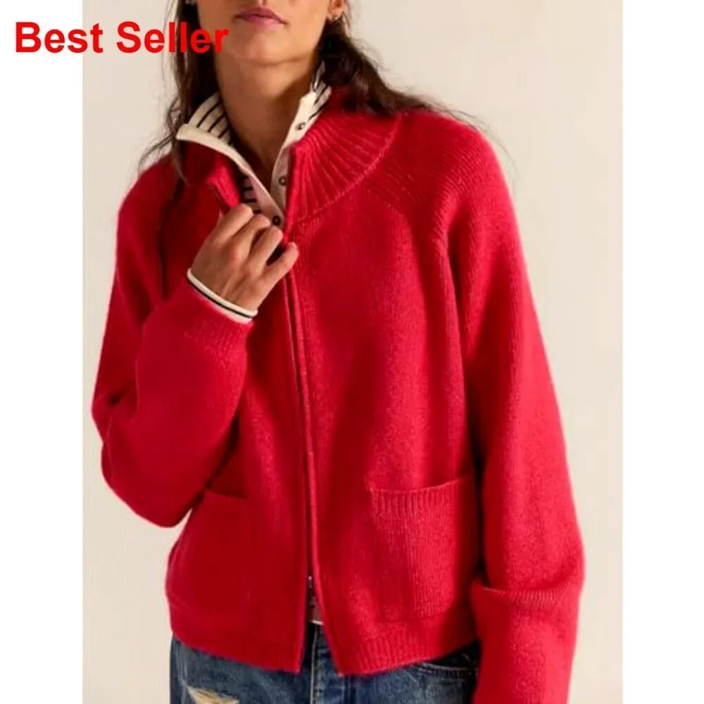 Chunky Knit Cropped Cardigan with Pockets, Zip Front, Mock Neck